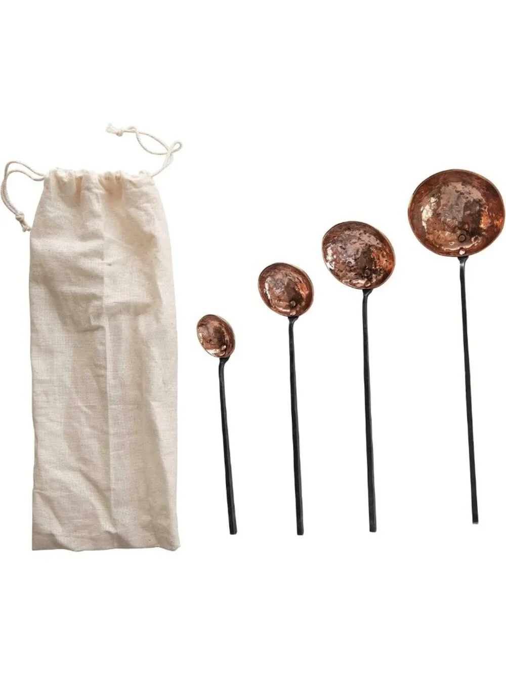 Farmhouse Textured Copper Ladles Set of 4 with Metal Handles & Drawstring Bag